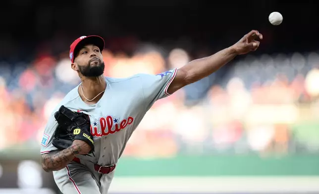 Philadelphia Phillies pitcher Cristopher Sanchez throws during the first inning of a baseball game against the Washington Nationals, Thursday, June 25, 2026, in Washington. (AP Photo/Nick Wass)