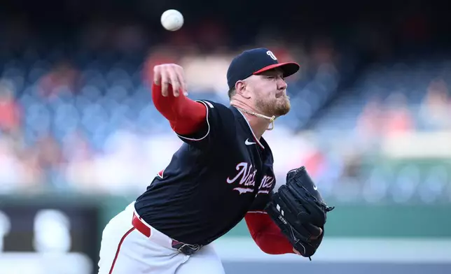 Washington Nationals pitcher Cade Cavalli throws during the first inning of a baseball game against the Philadelphia Phillies, Thursday, June 25, 2026, in Washington. (AP Photo/Nick Wass)