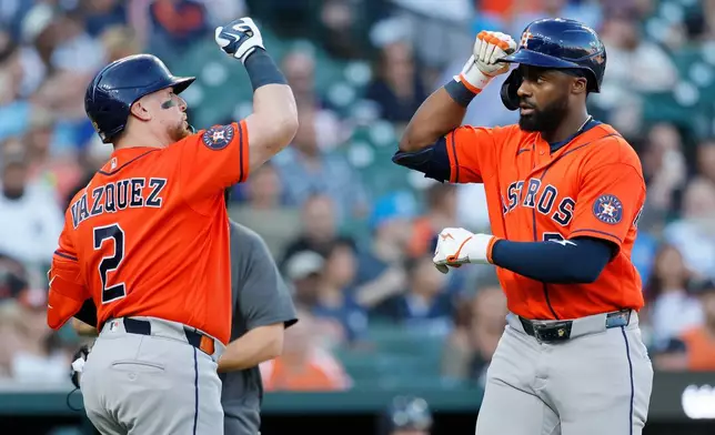 Houston Astros' Taylor Trammell celebrates his solo home run against the Detroit Tigers with Christian Vazquez (2) during the sixth inning of a baseball game Thursday, June 25, 2026, in Detroit. (AP Photo/Duane Burleson)