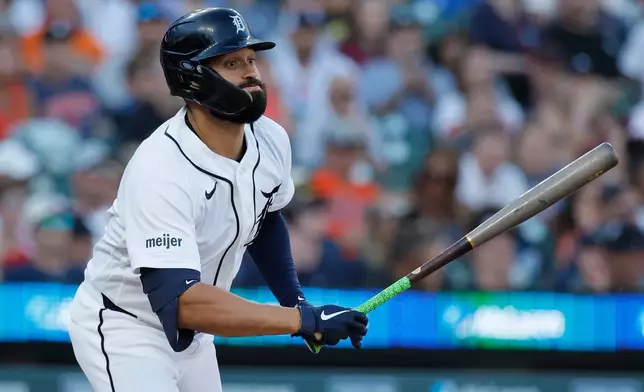 Detroit Tigers' Riley Greene watches his single against the Houston Astros during the fourth inning of a baseball game Thursday, June 25, 2026, in Detroit. (AP Photo/Duane Burleson)
