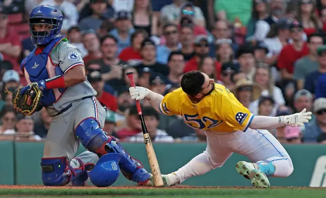 Boston Red Sox batter Wilyer Abreu ducks out of the way of a pitch in the seven inning of a baseball game against the Texas Rangers, Saturday June 13, 2026 in Boston. (AP Photo/Jim Davis)