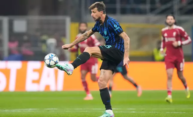 FILE - Inter Milan's Francesco Acerbi controls the ball during a Champions League, league phase, soccer match between Inter Milan and Liverpool in Milan, Italy, Tuesday, Dec.9, 2025. (AP Photo/Luca Bruno, File)