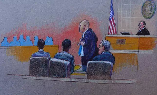 A courtroom sketch shows the district attorney pointing at Karmelo Anthony, center, at the defense table in opening arguments Thursday, June 4, 2026, in McKinney, Texas, during the trial of a teen accused of fatally stabbing another during a track meet in suburban Dallas last year. (Pat Lopez via AP)