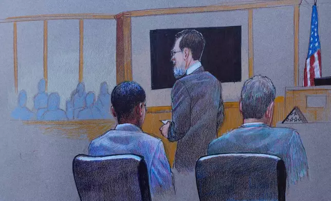 A courtroom sketch shows Mike Hward, standing, a defense attorney and Karmelo Anthony, left front, sitting at the defense table in opening arguments Thursday, June 4, 2026, in McKinney, Texas, during the trial of a teen accused of fatally stabbing another during a track meet in suburban Dallas last year. (Pat Lopez via AP)