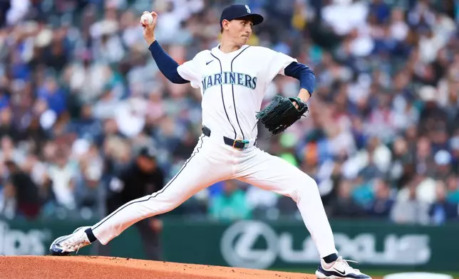 Seattle Mariners' George Kirby delivers in the first inning of a baseball game against the Los Angeles Angels, Monday, June 29, 2026, in Seattle. (AP Photo/Kevin Ng)