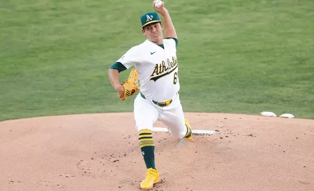 Athletics starting pitcher Gage Jump (61) throws during the first inning of a baseball game against the Colorado Rockies, Friday, June 12, 2026, in Las Vegas. (AP Photo/Caroline Brehman)