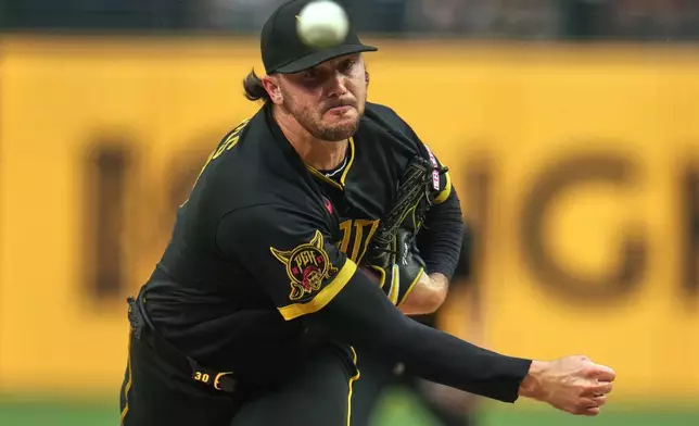 Pittsburgh Pirates pitcher Paul Skenes delivers during the first inning of a baseball game against the Cincinnati Reds in Pittsburgh, Friday, June 26, 2026. (AP Photo/Gene J. Puskar)