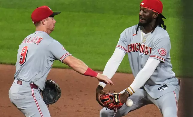 Cincinnati Reds' Elly de la Cruz, right, and Matt McLain (9) celebrate after getting the final out of a baseball game against the Pittsburgh Pirates in Pittsburgh, Friday, June 26, 2026. (AP Photo/Gene J. Puskar)
