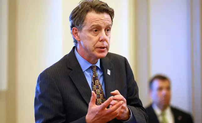 FILE - Mike Mazzei, Oklahoma secretary of budget, answers a question during a news conference Monday, May 11, 2020, in Oklahoma City. (AP Photo/Sue Ogrocki,File)