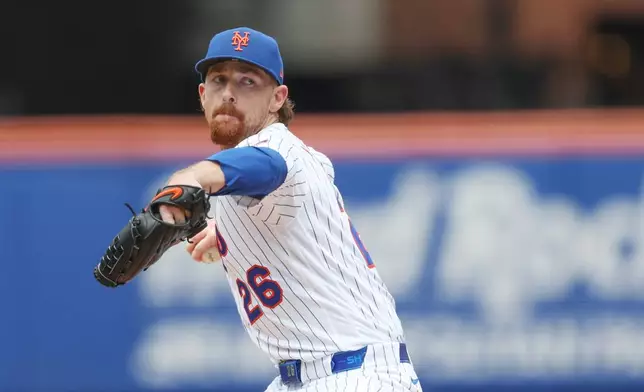 New York Mets pitcher Nolan McLean (26) throws during the first inning of a baseball game against the Miami Marlins, Sunday, May 31, 2026, in New York. (AP Photo/Heather Khalifa)