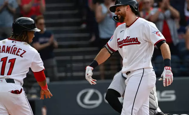 Cleveland Guardians' Jose Ramirez (11) congratulates Daniel Schneemann, right, for his two-run home run off Detroit Tigers starting pitcher Tarik Skubal during the third inning of a baseball game, Saturday, June 13, 2026, in Cleveland. (AP Photo/Phil Long)