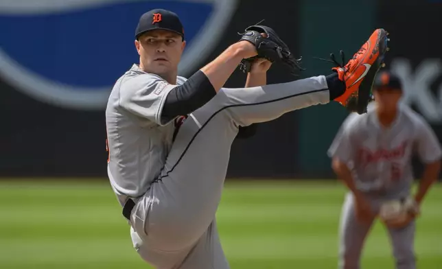 Detroit Tigers starting pitcher Tarik Skubal delivers against the Cleveland Guardians during the first inning of a baseball game, Saturday, June 13, 2026, in Cleveland. (AP Photo/Phil Long)