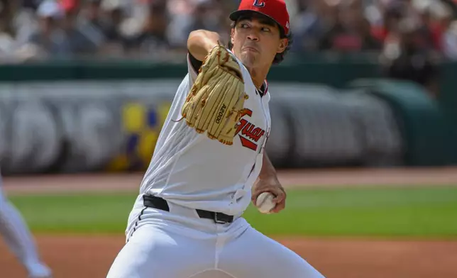 Cleveland Guardians starting pitcher Joey Cantillo delivers against the Detroit Tigers during the first inning of a baseball game, Saturday, June 13, 2026, in Cleveland. (AP Photo/Phil Long)