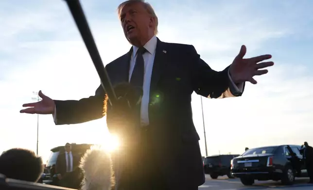 President Donald Trump talks to the media after disembarking Air Force One at Paris Orly Airport, Wednesday, June 17, 2026, in Orly, France. (AP Photo/Julia Demaree Nikhinson)