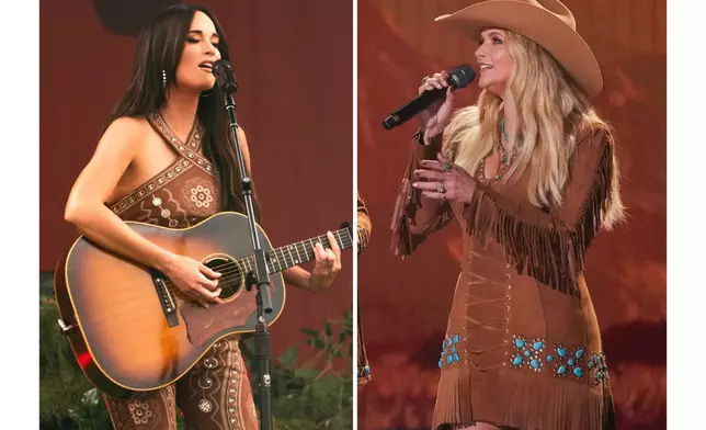 Kacey Musgraves performs at the New Orleans Jazz & Heritage Festival in New Orleans on April 25, 2025, left, and Miranda Lambert performs at the 60th annual Academy of Country Music Awards in Frisco, Texas on May 8, 2025. (AP Photo)