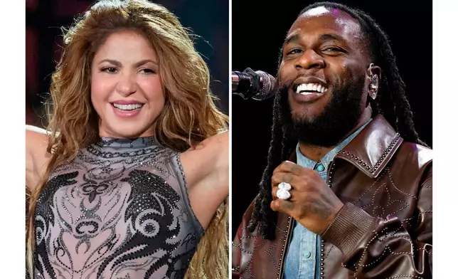 Shakira performs during the Global Citizen Festival in New York on Sept. 27, 2025, left, and Burna Boy performs during the Glastonbury Festival in Somerset, England, on June 30, 2024. (AP Photo)