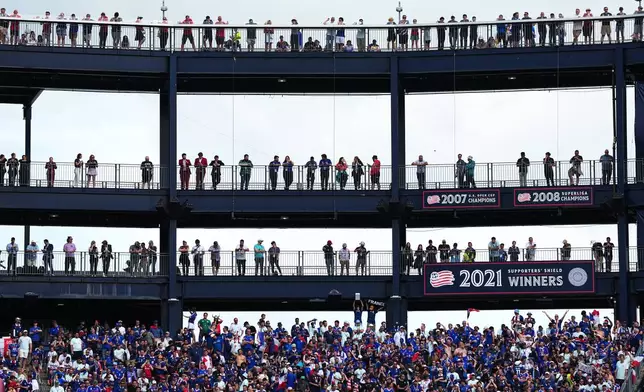 France fans watch the World Cup Group I soccer match between Norway and France in Foxborough, Mass., near Boston, Friday, June 26, 2026. (AP Photo/Martin Meissner)