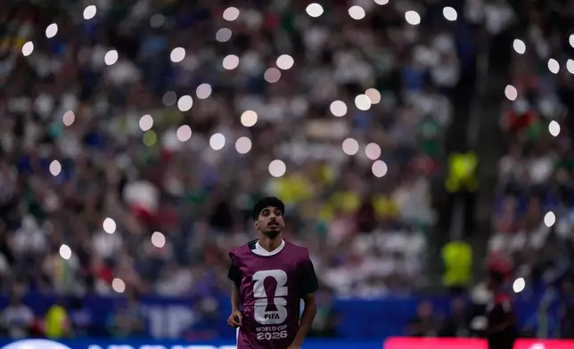 Saudi Arabia's Ziyad Aljohani (16) warms up during a half time break for the World Cup Group H soccer match between Cape Verde and Saudi Arabia in Houston, Friday, June 26, 2026. (AP Photo/Ashley Landis)
