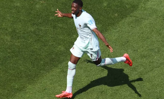 France's Ousmane Dembele (7) celebrates after scoringduring the World Cup Group I soccer match between Norway and France in Foxborough, Mass., near Boston, Friday, June 26, 2026. (AP Photo/Mark Stockwell)