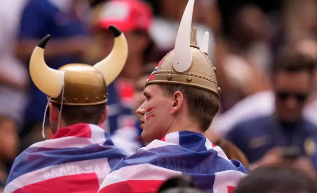 Norway fans wait for the start of the World Cup Group I soccer match between Norway and France in Foxborough, Mass., near Boston, Friday, June 26, 2026. (AP Photo/Charles Krupa)