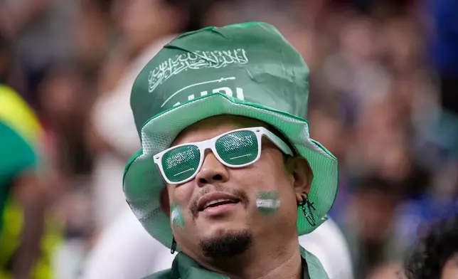A Saudi Arabia fan shows his support prior to a World Cup Group H soccer match between Cape Verde and Saudi Arabia in Houston, Friday, June 26, 2026. (AP Photo/David J. Phillip)