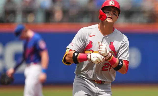 St. Louis Cardinals' Lars Nootbaar runs the bases after hitting a home run during the second inning of a baseball game against the New York Mets Thursday, June 11, 2026, in New York. (AP Photo/Frank Franklin II)