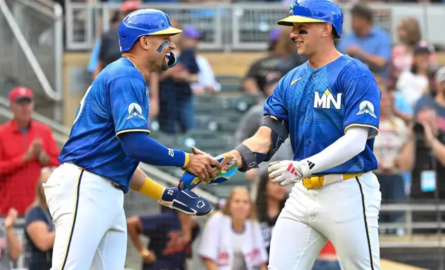 Minnesota Twins' Brooks Lee, right, celebrates with Royce Lewis, left, after hitting a two-run home run which also scored Lewis during the second inning of a baseball game against the Colorado Rockies, Friday, June 26 2026, in Minneapolis. (AP Photo/Craig Lassig)