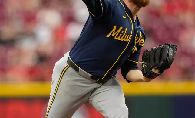 Milwaukee Brewers pitcher Brandon Woodruff throws during the first inning of a baseball against Cincinnati Reds in Cincinnati, Monday, June 22, 2026. (AP Photo/Carolyn Kaster)