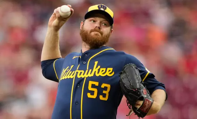 Milwaukee Brewers pitcher Brandon Woodruff throws during the first inning of a baseball against the Cincinnati Reds in Cincinnati, Monday, June 22, 2026. (AP Photo/Carolyn Kaster)