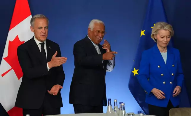 Canadian Prime Minister Mark Carney meets with European Commission President Ursula von der Leyen and European Council President Antonio Costa at the G7 summit in Evian-les-Bains, France, Monday, June 15, 2026. (AP Photo/Vadim Ghirda)