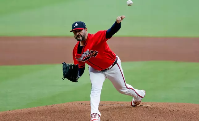 Atlanta Braves pitcher Martín Pérez delivers to a Milwaukee Brewers batter during the first inning of a baseball game, Friday, June 19, 2026, in Atlanta. (AP Photo/Erik S. Lesser)