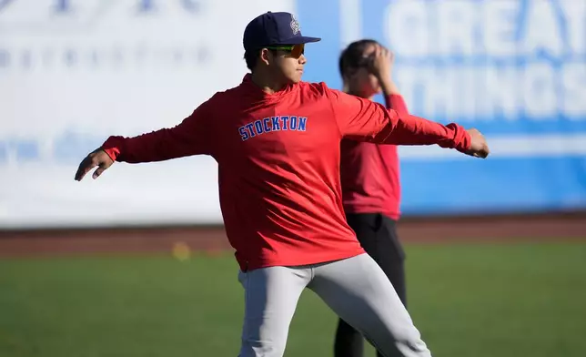 Stockton Ports' Shotaro Morii warms up before a Single A minor league baseball game between the Ports and the San Jose Giants, May 20, 2026, in San Jose, Calif. (AP Photo/Jeff Chiu)