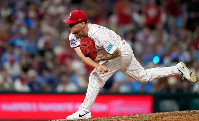 Philadelphia Phillies' Chase Shugart pitches during the ninth inning of a baseball game against the Pittsburgh Pirates Monday, June 29, 2026, in Philadelphia. (AP Photo/Matt Slocum)