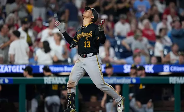 Pittsburgh Pirates' Endy Rodríguez reacts after hitting a three-run home run against Philadelphia Phillies pitcher Chase Shugart during the ninth inning of a baseball game Monday, June 29, 2026, in Philadelphia. (AP Photo/Matt Slocum)