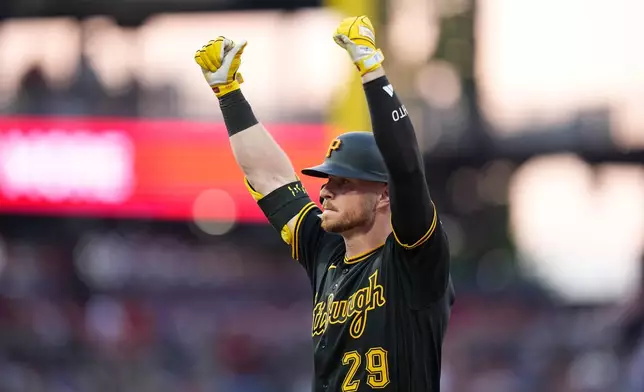 Pittsburgh Pirates' Ryan O'Hearn reacts after hitting a run-scoring single against Philadelphia Phillies pitcher Aaron Nola during the fifth inning of a baseball game Monday, June 29, 2026, in Philadelphia. (AP Photo/Matt Slocum)