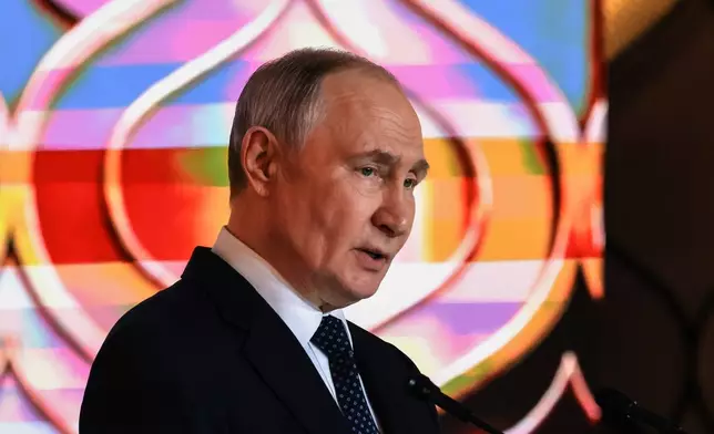 Russian President Vladimir Putin delivers his speech during a gala dinner on the sidelines of the Russia-ASEAN summit in Kazan, Russia, Wednesday, June 17, 2026.(Mikhail Metzel, Sputnik, Kremlin Pool Photo via AP)