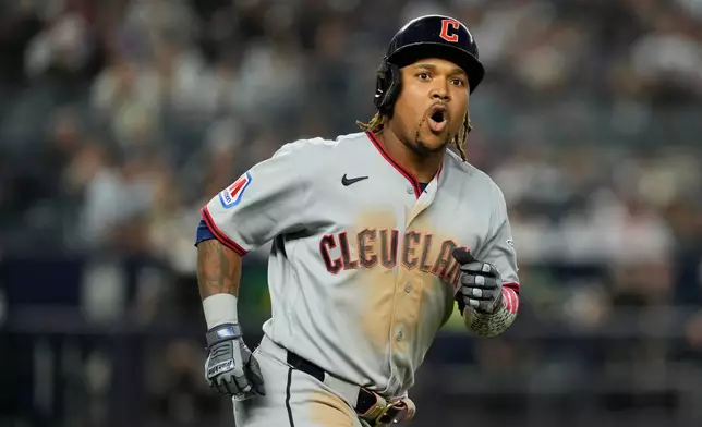 Cleveland Guardians' José Ramírez reacts after hitting a solo home run during the sixth inning of a baseball game against the New York Yankees, Wednesday, June 3, 2026, in New York. (AP Photo/Seth Wenig)