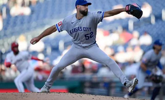 Kansas City Royals pitcher Michael Wacha throws during the first inning of a baseball game against the Washington Nationals, Tuesday, June 16, 2026, in Washington. (AP Photo/John McDonnell)