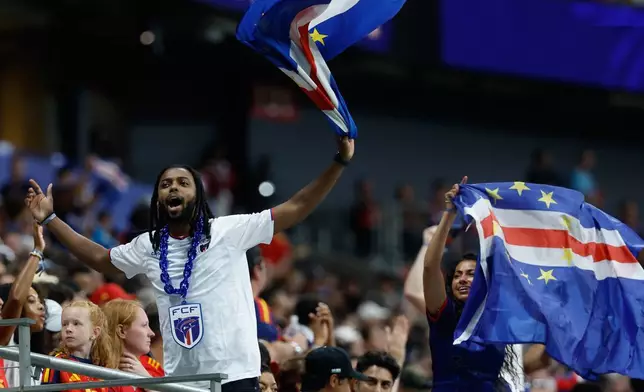 Cape Verde fans cheer during the World Cup Group H soccer match between Spain and Cape Verde in Atlanta, Monday, June 15, 2026. (AP Photo/Erik S. Lesser)