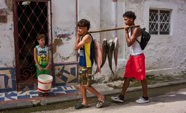 Youths carry freshly caught fish from the sea in Havana, Cuba, Monday, June 1, 2026. (AP Photo/Ramon Espinosa)