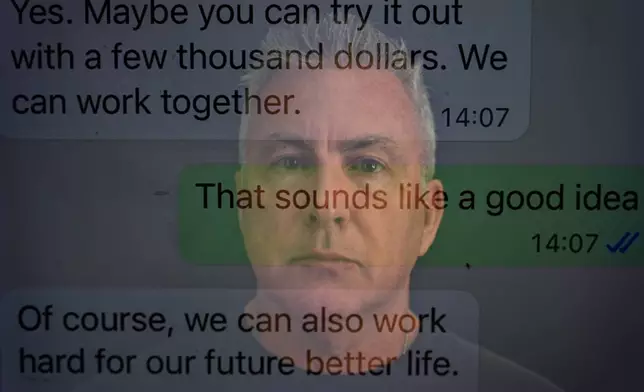Chris Colocousis sits for a portrait, layered with a screenshot of a text message exchange with a woman he was communicating with who turned out to be a scammer, in this long exposure photograph at his home in Raynham, Mass., Tuesday, March 10, 2026. (AP Photo/David Goldman)