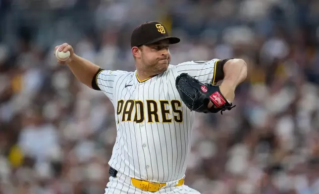 San Diego Padres pitcher Michael King works against an Atlanta Braves batter during the first inning of a baseball game Monday, June 22, 2026, in San Diego. (AP Photo/Gregory Bull)