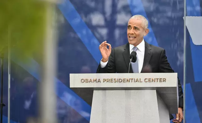 Former President Barack Obama speaks during the dedication ceremony for the Obama Presidential Center, Thursday, June 18, 2026, in Chicago. (AP Photo/Jon Cherry)