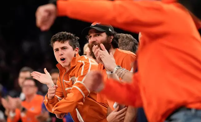 Timothee Chalamet watches during second half of Game 3 of the NBA Finals basketball series between the New York Knicks and the San Antonio Spurs, Monday, June 8, 2026, in New York. (AP Photo/Ross D. Franklin)