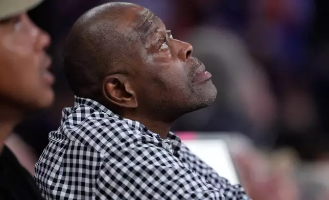 New York Knicks Ambassador Patrick Ewing watches during second half of Game 3 of the NBA Finals basketball series against the San Antonio Spurs, Monday, June 8, 2026, in New York. (AP Photo/Ross D. Franklin)