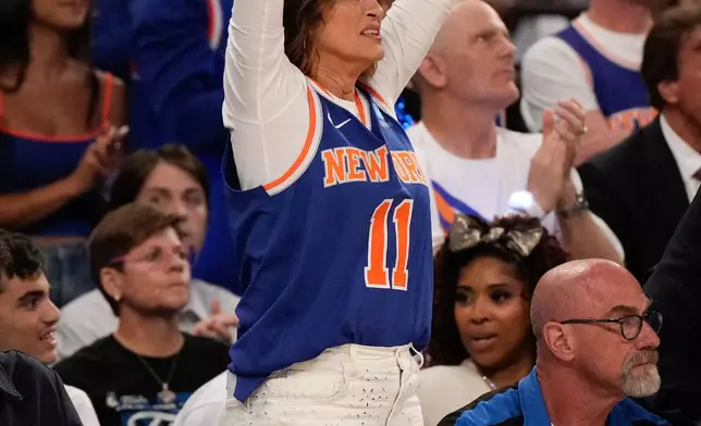 Mariska Hargitay cheers during Game 3 of the NBA Finals basketball series between the New York Knicks and the San Antonio Spurs, Monday, June 8, 2026, in New York. (AP Photo/Ross D. Franklin)