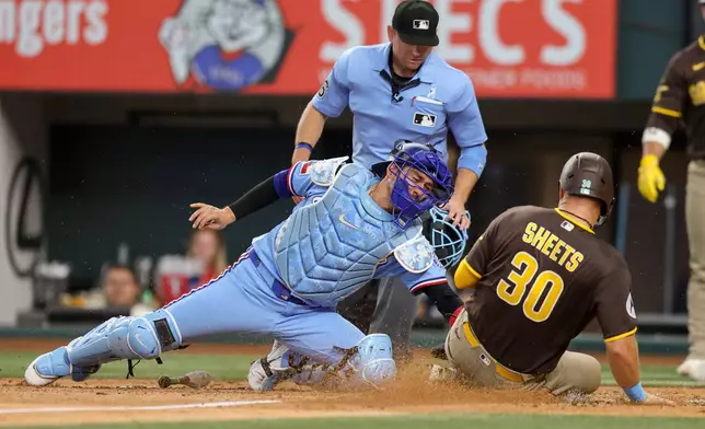 Texas Rangers catcher Kyle Higashioka, left, tags out San Diego Padres' Gavin Sheets (30) at the plate during the fourth inning of a baseball game, Sunday, June 21, 2026, in Arlington, Texas. (AP Photo/Gareth Patterson)