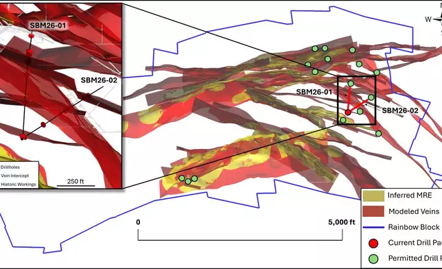 Figure 1. Map and inset of drill hole traces of SBM26-01 and SBM26-02 with surface projections of modeled veins and the inferred Mineral Resource Estimate.