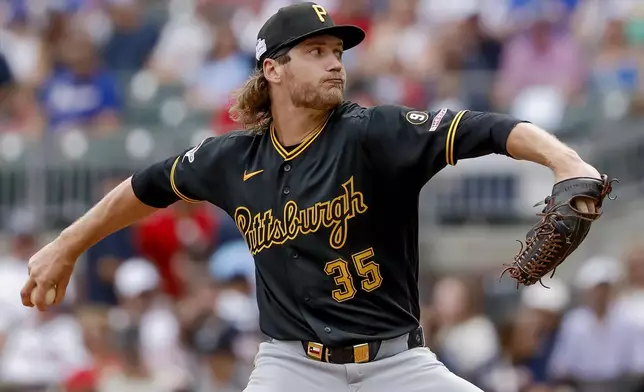 Pittsburgh Pirates pitcher Braxton Ashcraft delivers to an Atlanta Braves batter during the first inning of a baseball game, Saturday, June 6, 2026, in Atlanta. (AP Photo/Erik S. Lesser)