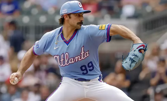 Atlanta Braves pitcher Spencer Strider delivers to a Pittsburgh Pirates batter during the first inning of a baseball game, Saturday, June 6, 2026, in Atlanta. (AP Photo/Erik S. Lesser)
